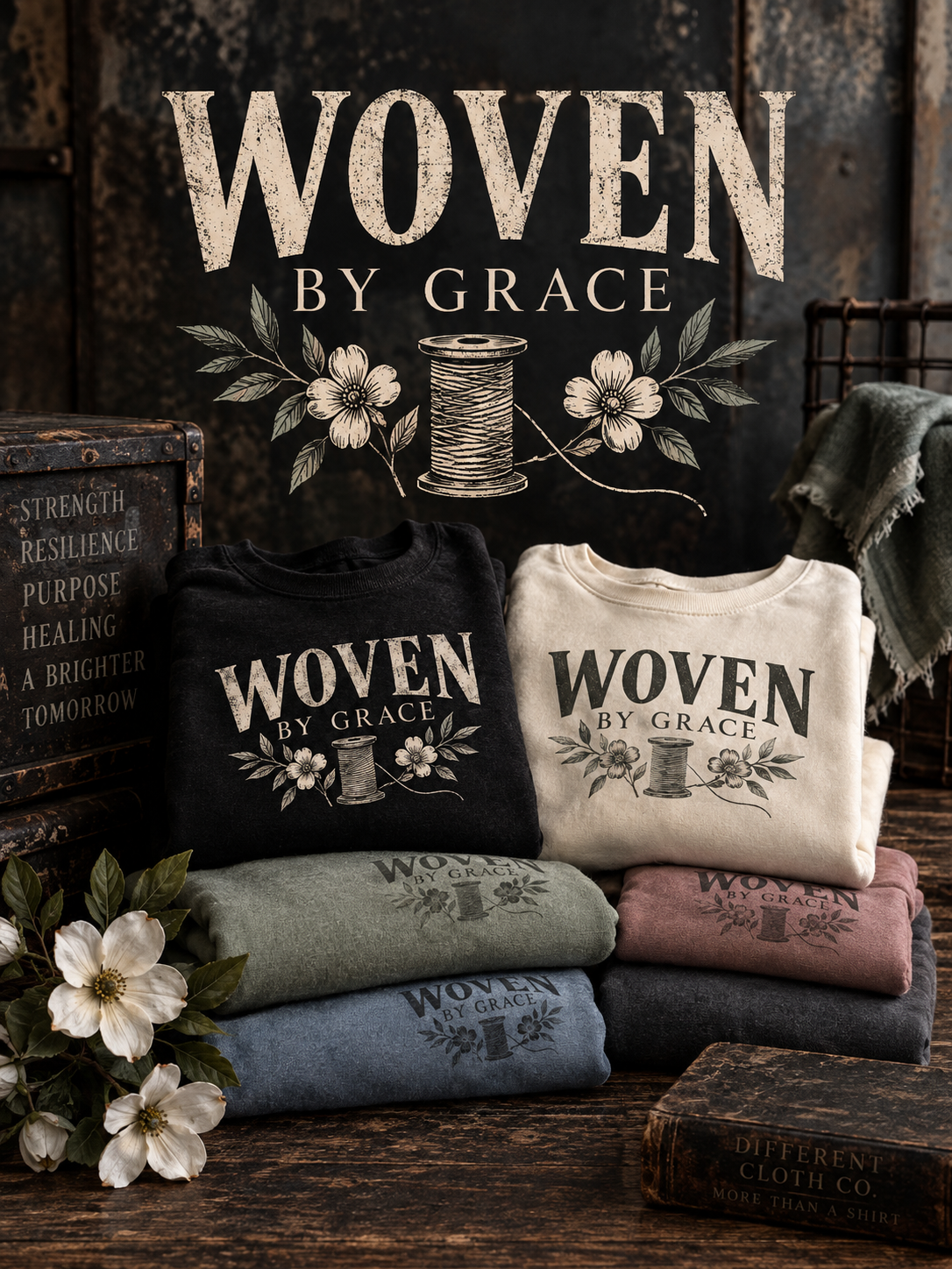 Woven by Grace collection graphic apparel by Different Cloth Co. featuring Strength for Today, Not Broken Built Different and Every Thread Has Meaning designs.