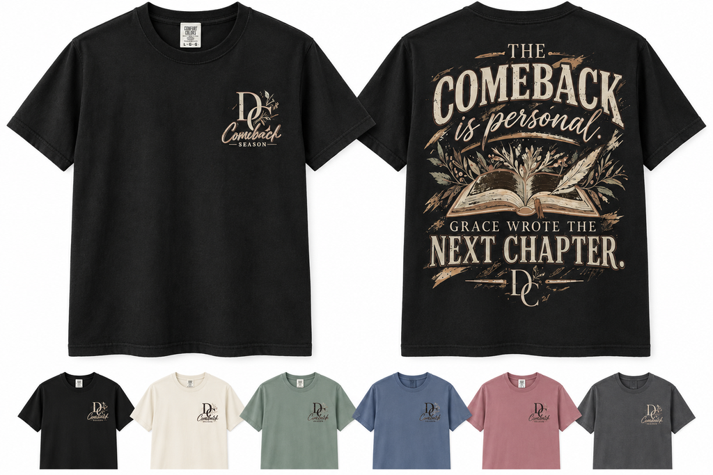 Comeback Grace Wrote the Next Chapter Comfort Colors apparel by Different Cloth Co. featuring open book artwork and inspirational comeback message.