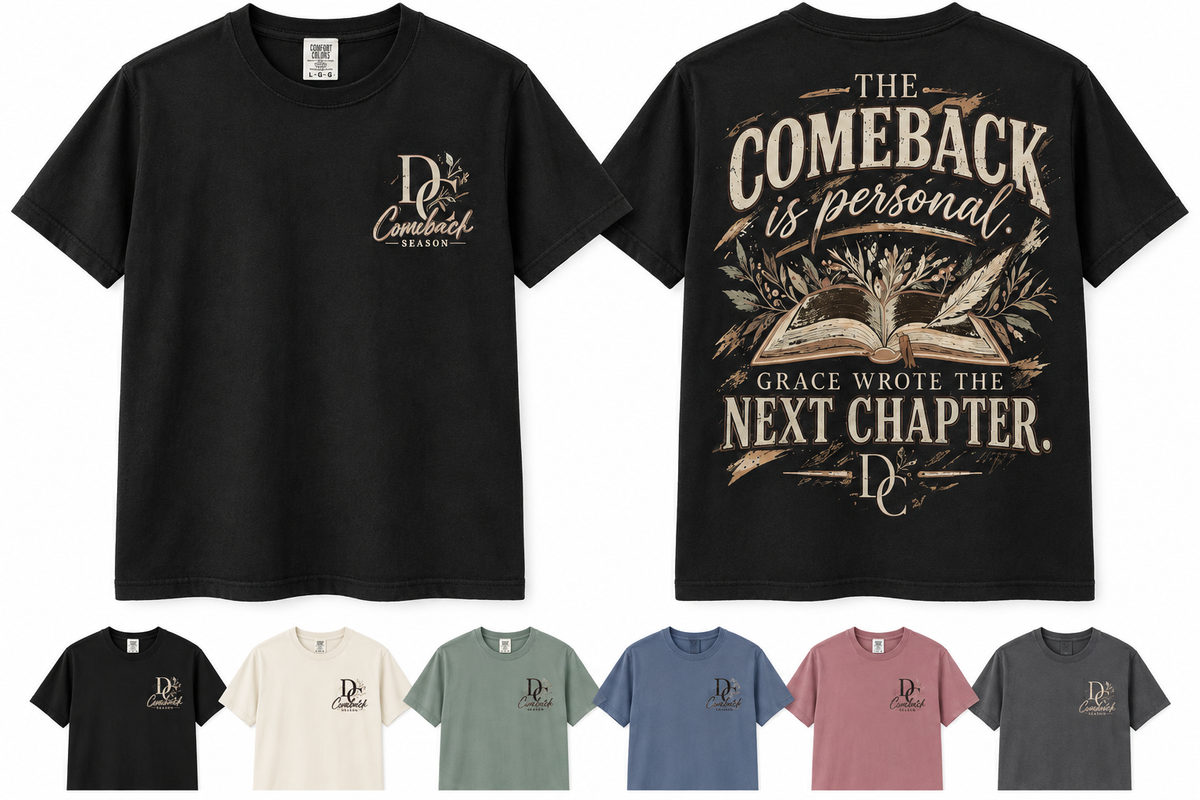 Comeback Grace Wrote the Next Chapter Comfort Colors apparel by Different Cloth Co. featuring open book artwork and inspirational comeback message.