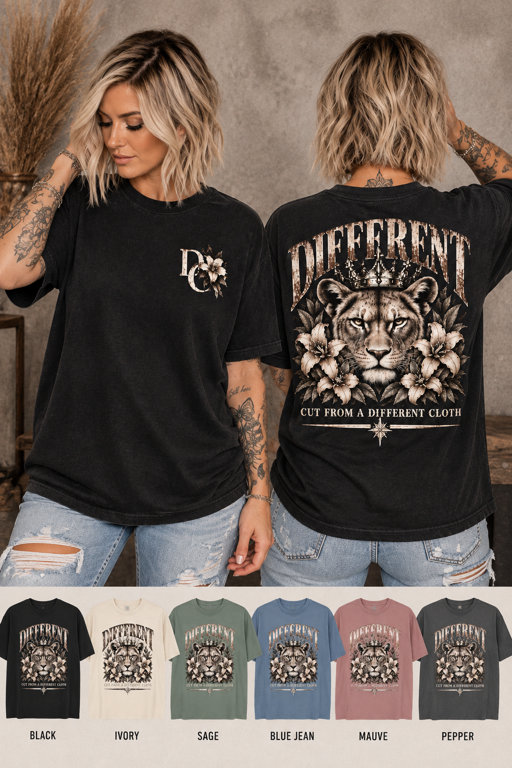 Front and back views of a short-haired blonde model with tattoos wearing the black Crowned Lioness tee, with color options in Black, Ivory, Sage, Blue Jean, Mauve, and Pepper.