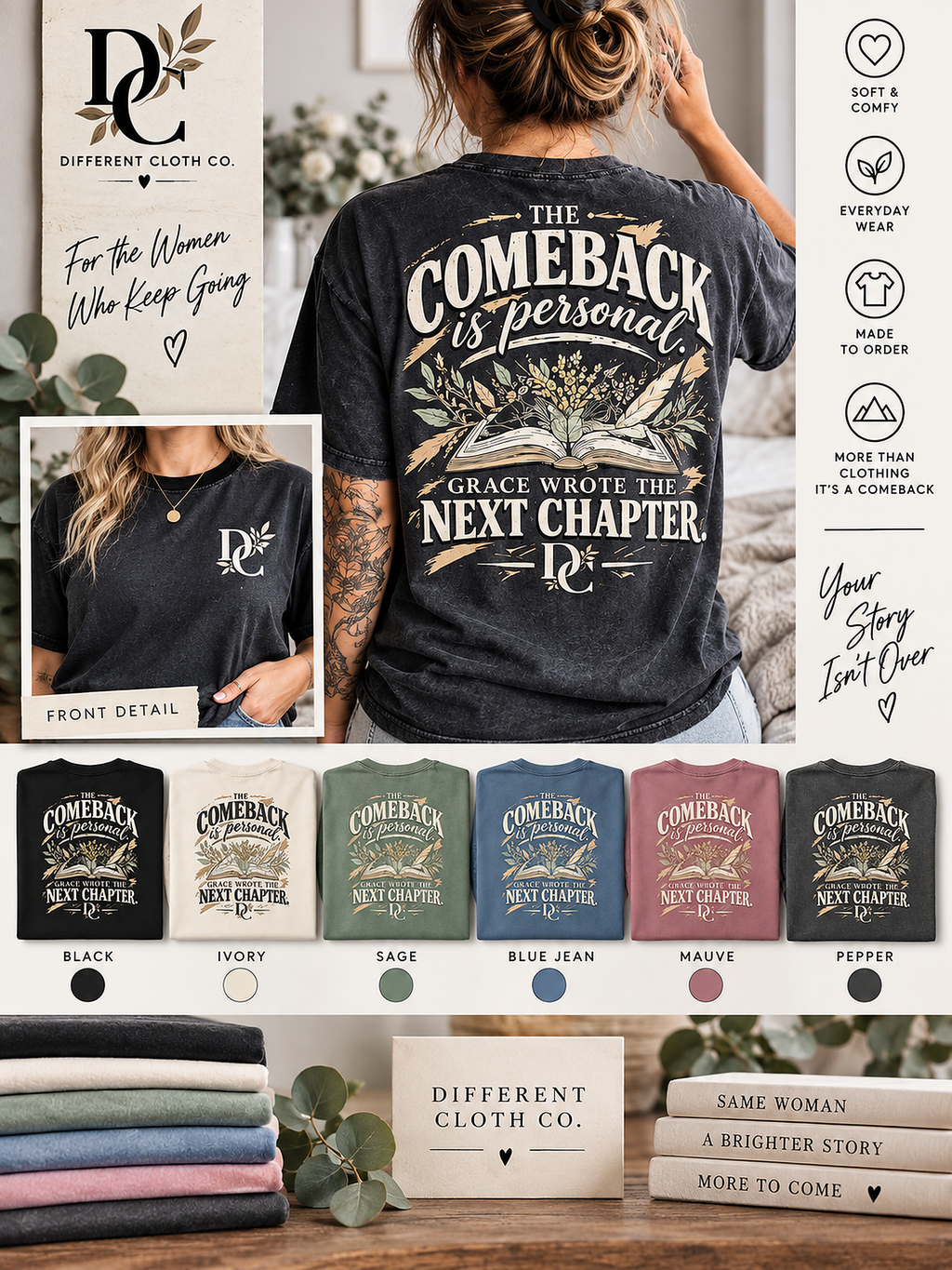 Comeback Grace Wrote the Next Chapter by Different Cloth Co. clean secondary product image with front and back apparel details, color options and garment features.