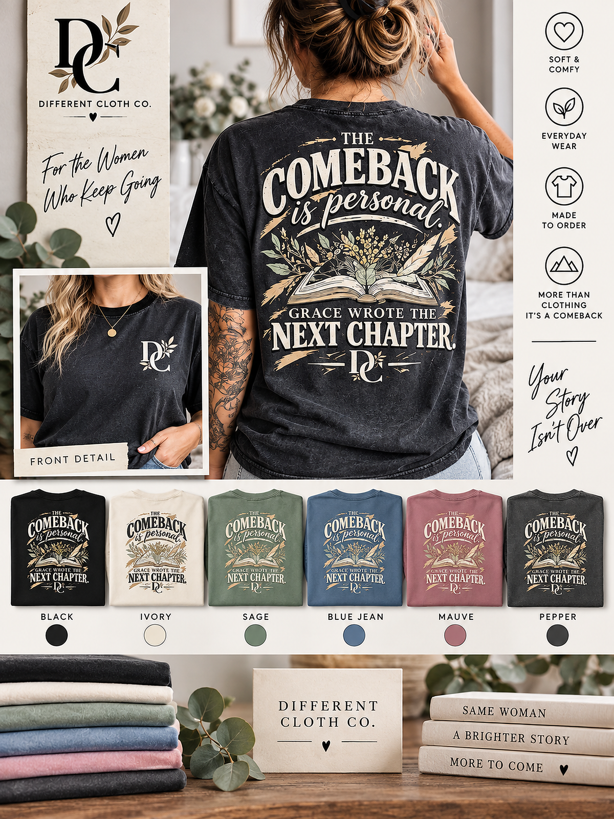 Comeback Grace Wrote the Next Chapter by Different Cloth Co. clean secondary product image with front and back apparel details, color options and garment features.