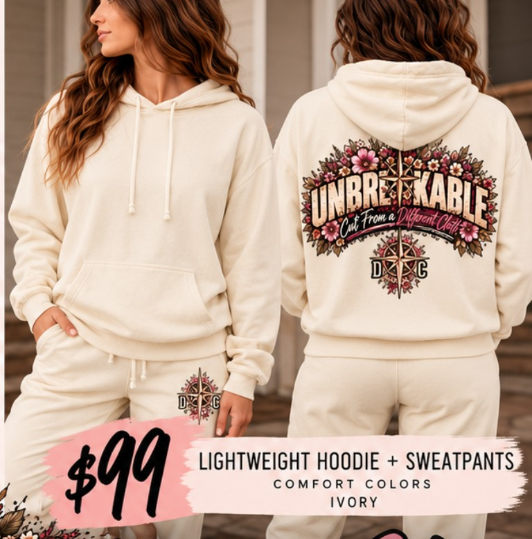Ivory UNBREAKABLE lightweight hoodie and sweatpants matching set approved front and back preview $99