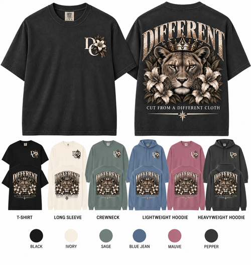 Different Cut From A Different Cloth Comfort Colors apparel by Different Cloth Co. featuring a crowned lioness surrounded by florals with front chest and full-back designs