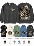 Different Cloth Co. Comfort Colors apparel featuring a mountain, compass and floral design with Different and Cut From a Different Cloth lettering.