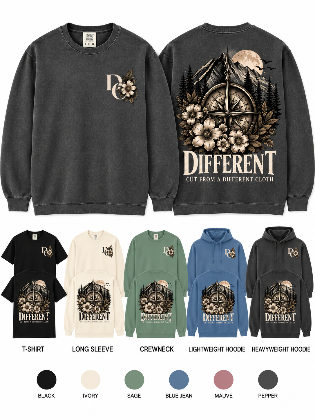 Different Cloth Co. Comfort Colors apparel featuring a mountain, compass and floral design with Different and Cut From a Different Cloth lettering.