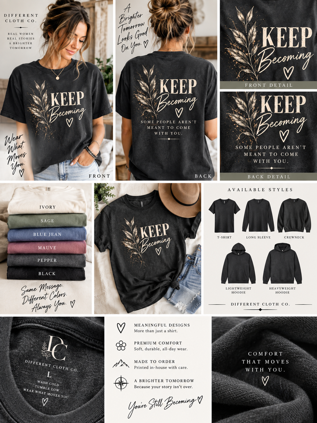 Keep Becoming by Different Cloth Co. showing front and back apparel views, design details, available colors and garment styles.