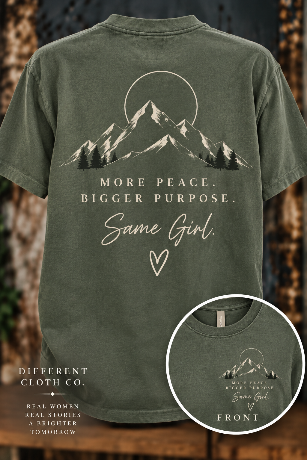 More Peace Bigger Purpose by Different Cloth Co. on Sage apparel featuring mountain back artwork with a matching front chest design.
