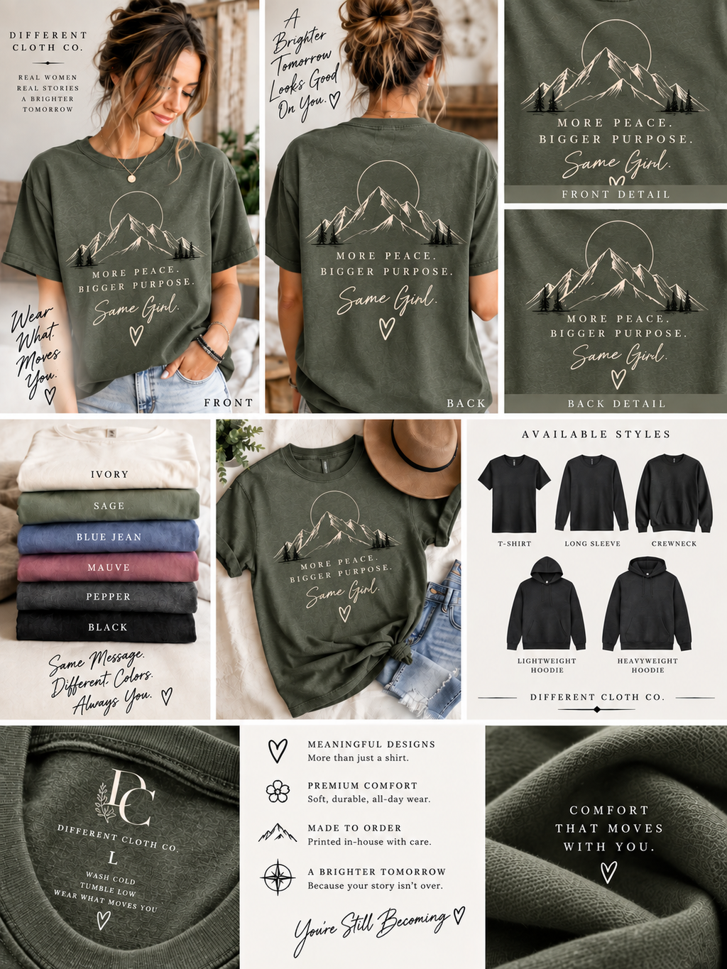 More Peace Bigger Purpose by Different Cloth Co. showing front and back apparel views, mountain design details, available colors and garment styles.