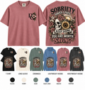 Sobriety Saves Lives recovery apparel with skull, sunflower and floral back design by Different Cloth Co.