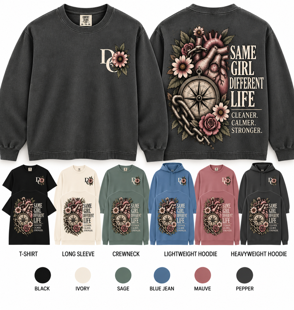 Different Cloth Co. Same Girl Different Life recovery apparel featuring anatomical heart, compass, broken chain, and floral back artwork with coordinating DC floral Chest design, also displaying available garment colors and styles.