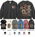 Different Cloth Co. Same Girl Different Life recovery apparel featuring anatomical heart, compass, broken chain, and floral back artwork with coordinating DC floral Chest design, also displaying available garment colors and styles.