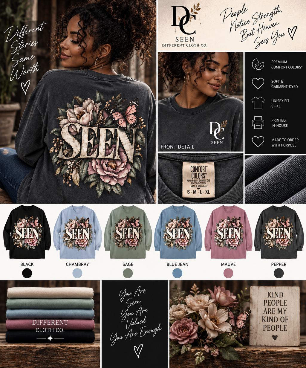 Worthy of Being Seen floral Comfort Colors lifestyle apparel by Different Cloth Co., modeled by a Black woman with product details and available colors.