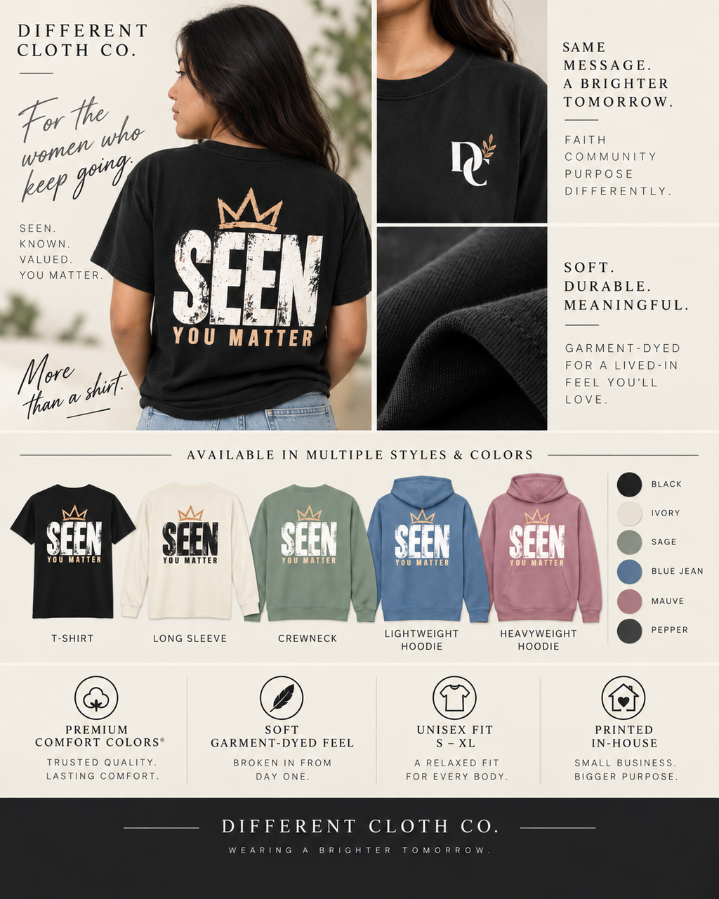 Seen You Matter lifestyle apparel by Different Cloth Co. featuring an Asian woman modeling the black Comfort Colors shirt, product details, garment options and colors.