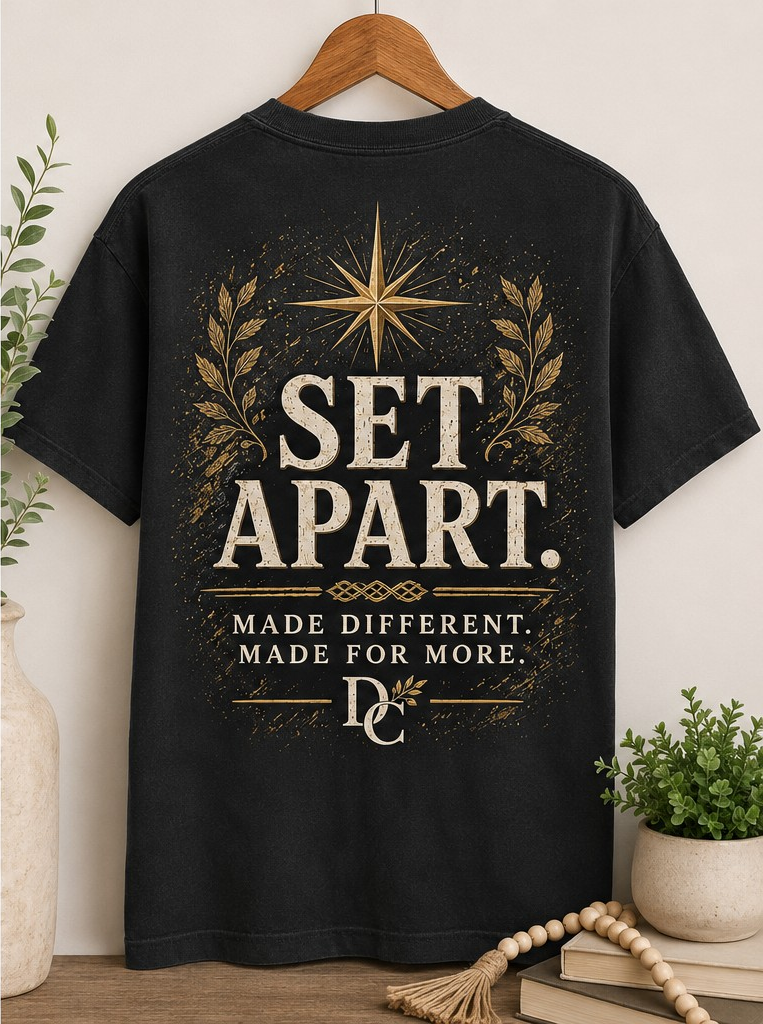 Black Comfort Colors T-shirt back view showing the full Set Apart, Made Different. Made for More. artwork.