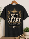 Black Comfort Colors T-shirt back view showing the full Set Apart, Made Different. Made for More. artwork.