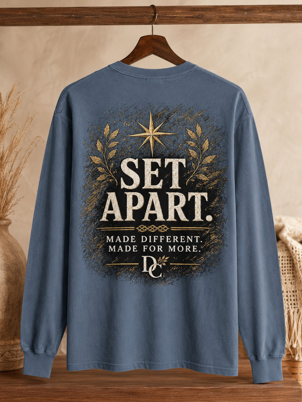 Blue Jean Comfort Colors crewneck back view showing the full Set Apart artwork.