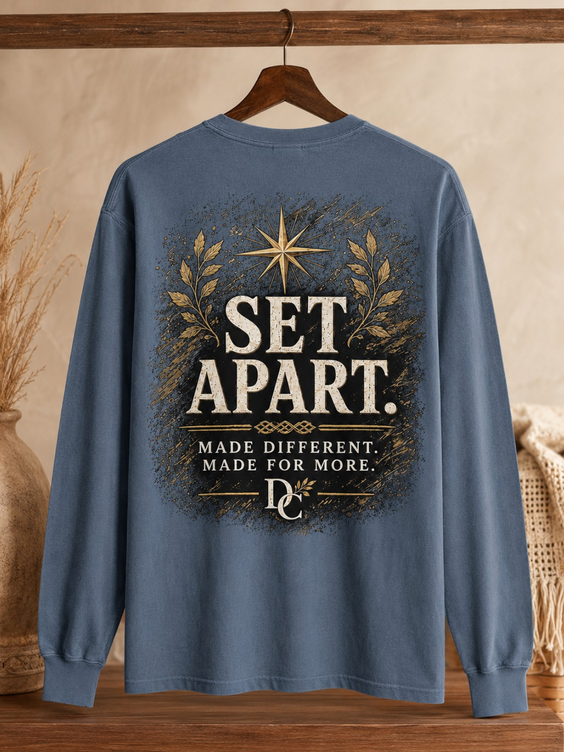 Blue Jean Comfort Colors crewneck back view showing the full Set Apart artwork.