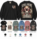 Different Cloth Co. Still Here recovery apparel featuring a front  DC chest design and skull, butterfly, and floral back artwork with Keep Going and One Day at a Time message, shown in available garment colors and styles