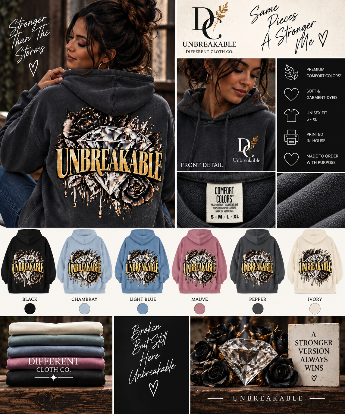 Woman modeling Unbreakable Forged in Strength apparel by Different Cloth Co., with product details and available Comfort Colors styles.