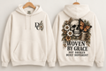 Woven by Grace Not Broken Built Different ivory Comfort Colors heavyweight hoodie by Different Cloth Co., showing front chest logo and full back skull, butterfly and floral artwork.