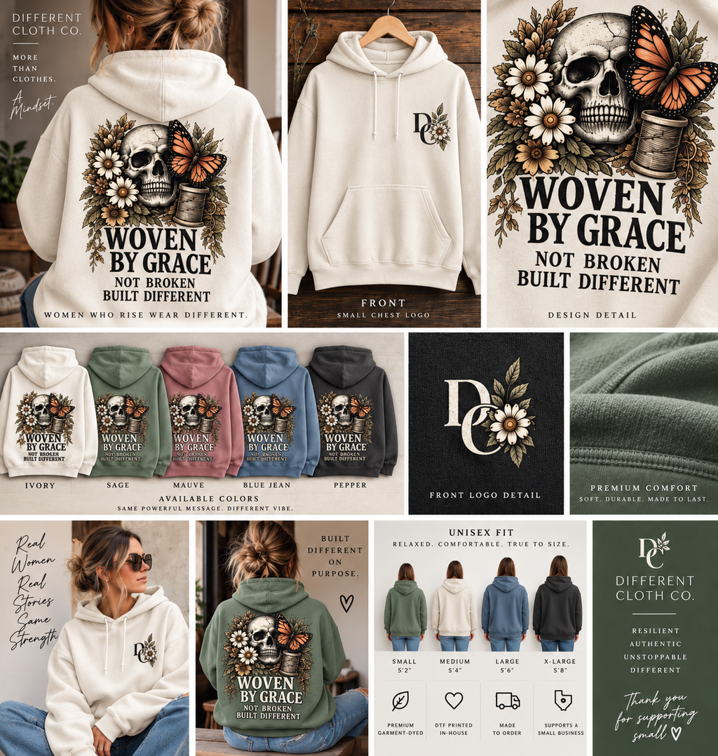 Woven by Grace Not Broken Built Different product guide by Different Cloth Co. showing heavyweight hoodie colors Ivory, Sage, Mauve, Blue Jean and Pepper, front and back artwork, fit and garment details.