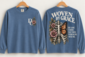 Woven by Grace Strength for Today Blue Jean Comfort Colors long sleeve by Different Cloth Co., showing front floral DC chest design and full back artwork.