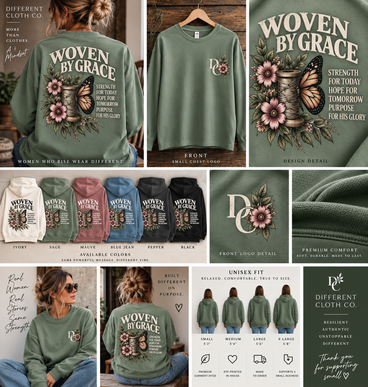 Woven by Grace Strength for Today Sage apparel product guide by Different Cloth Co., showing front and back floral butterfly artwork, garment colors, fit and product details.