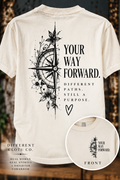 Your Way Forward by Different Cloth Co. on Ivory apparel featuring compass and floral back artwork with a matching front chest design.