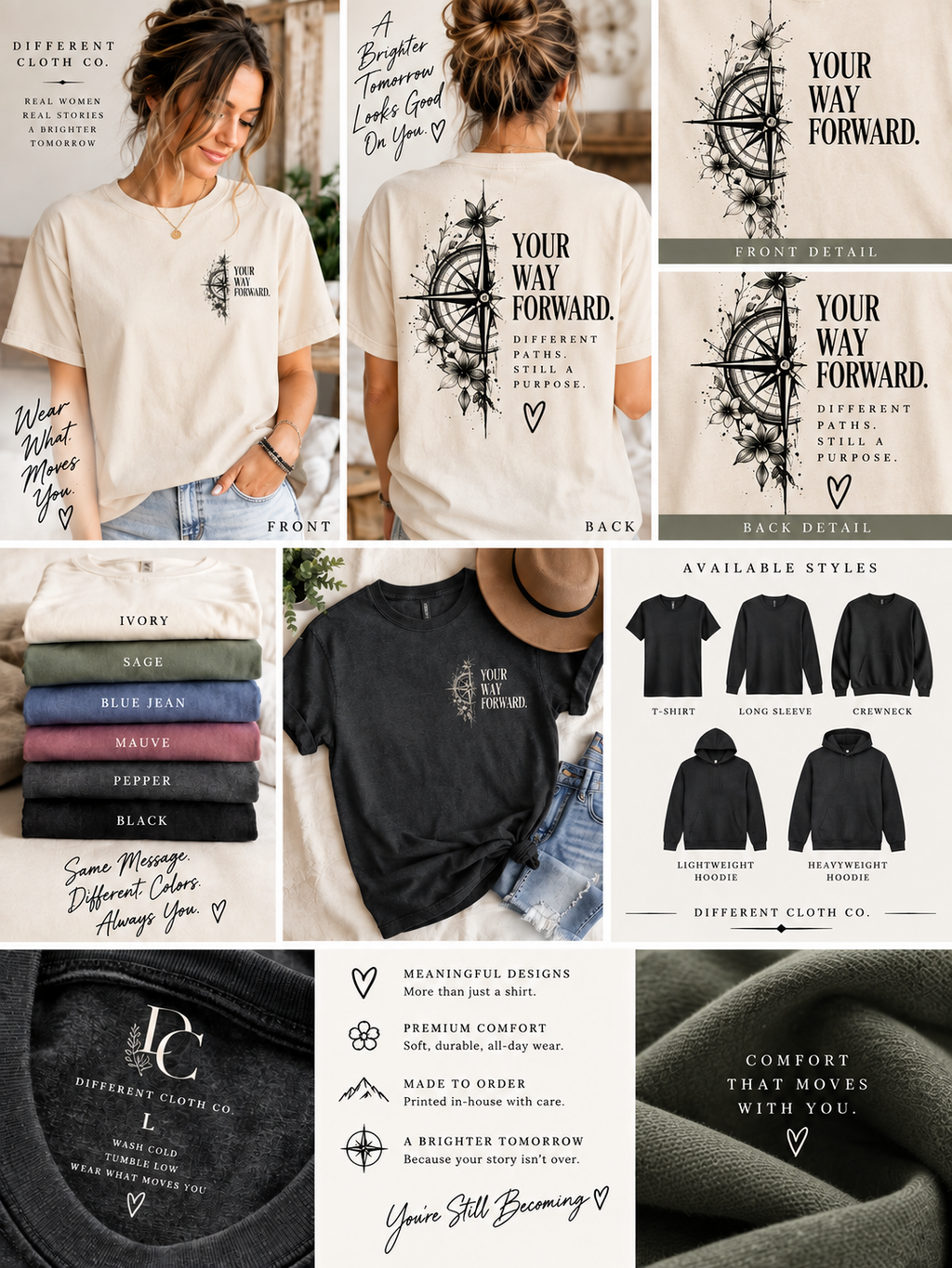 Your Way Forward by Different Cloth Co. showing front and back apparel views, compass and floral design details, available colors and garment styles.