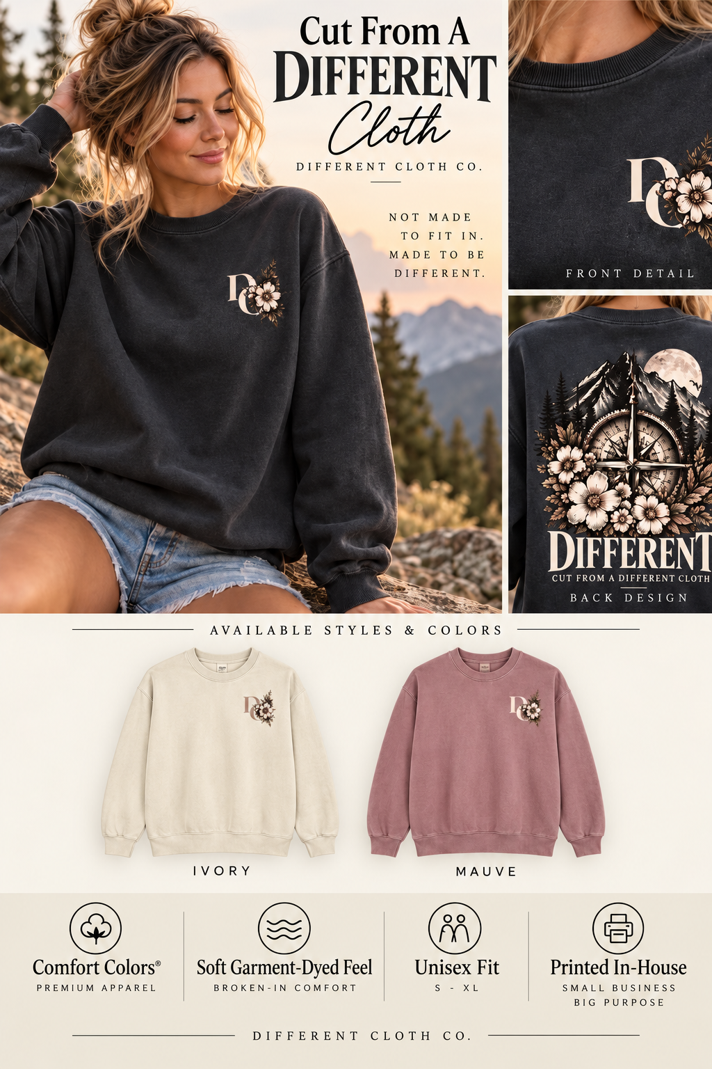 Lifestyle collage for Cut From A Different Cloth showing the Pepper crewneck on a model, with Ivory and Mauve crewneck color examples.