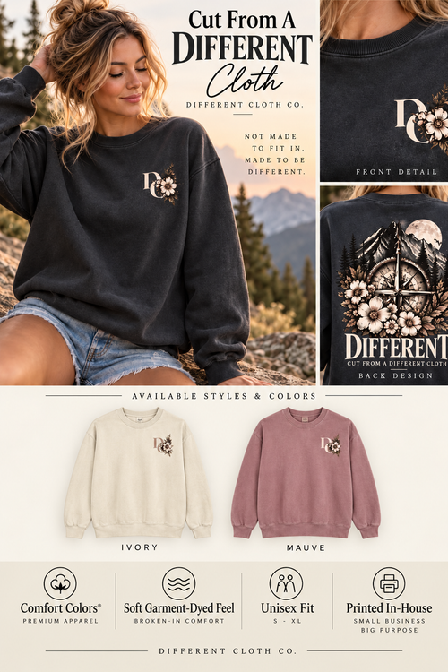 Lifestyle collage for Cut From A Different Cloth showing the Pepper crewneck on a model, with Ivory and Mauve crewneck color examples.