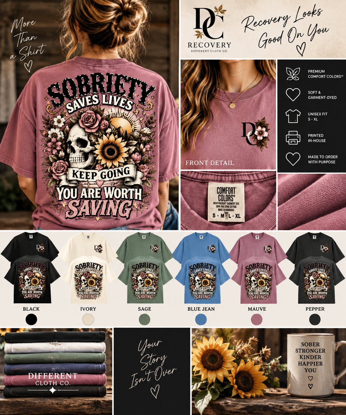 Sobriety Saves Lives recovery apparel styled product collage by Different Cloth Co.