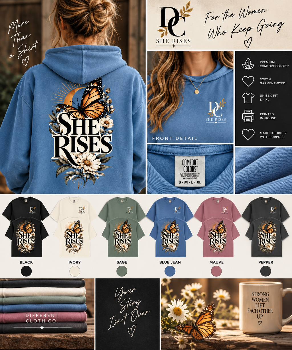 She Rises Butterfly Moon Comfort Colors apparel by Different Cloth Co. featuring butterfly, floral and moon graphic, color options and garment details