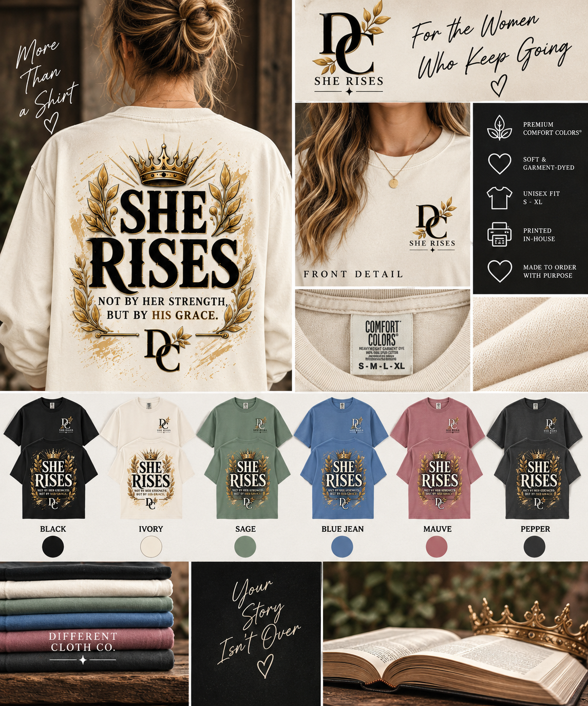 She Rises Not by Her Strength But by His Grace Different Cloth Co. Comfort Colors apparel, front and back design details, available colors and garment features.