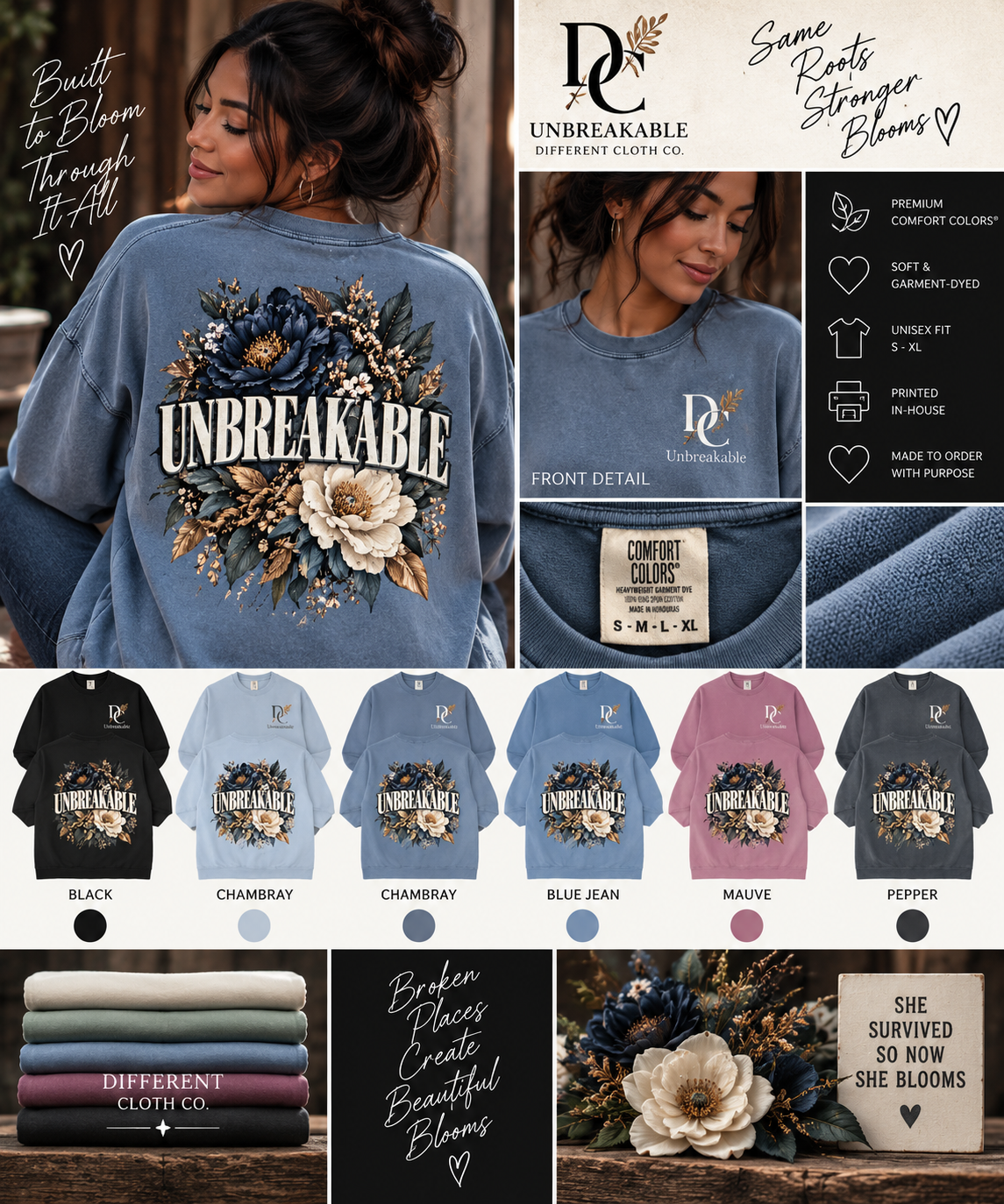 Different Cloth Co. Unbreakable Built to Bloom lifestyle product image featuring the floral graphic apparel.