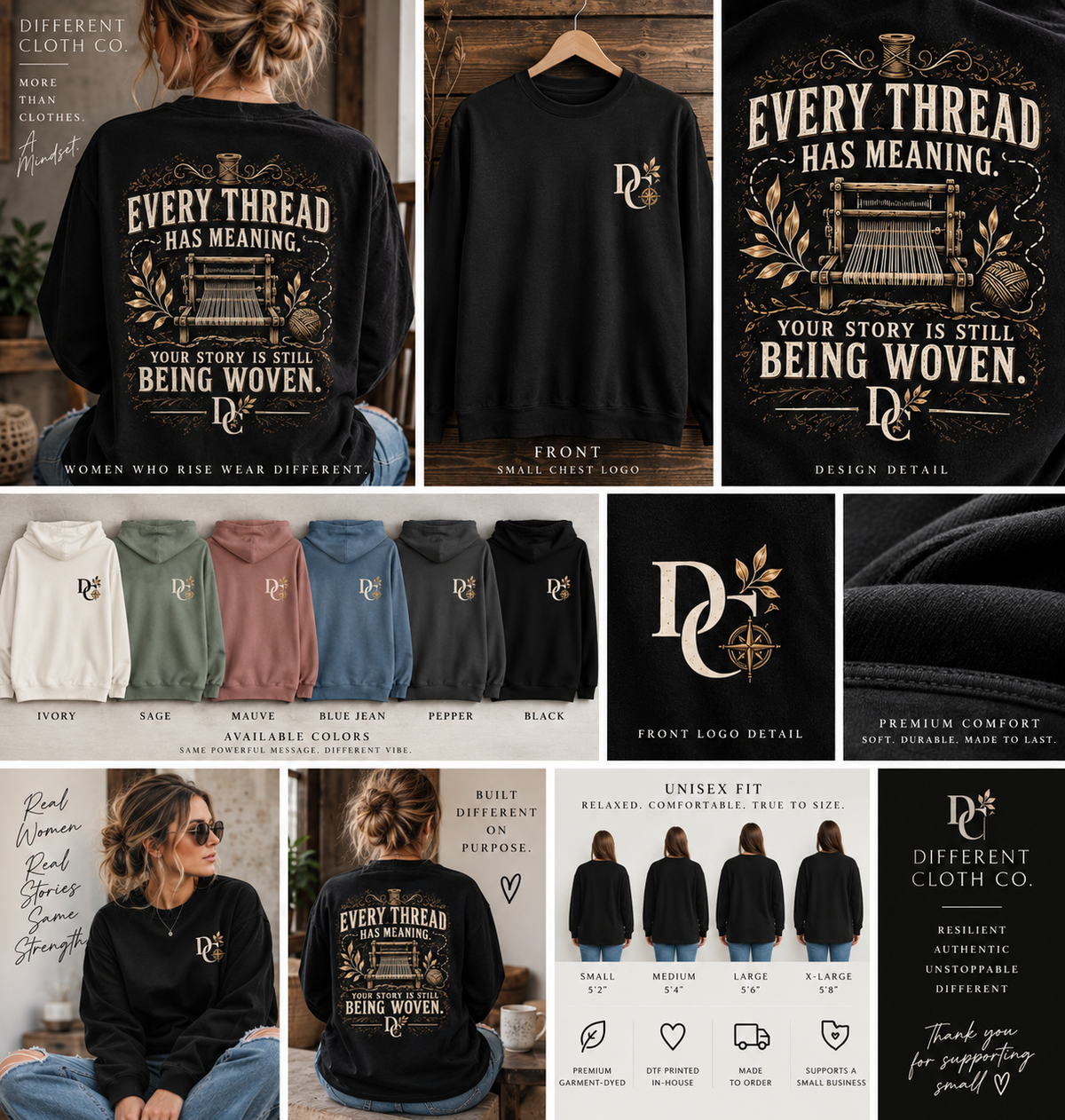 Every Thread Has Meaning Woven by Grace apparel by Different Cloth Co. with product views, available colors, fit and design details